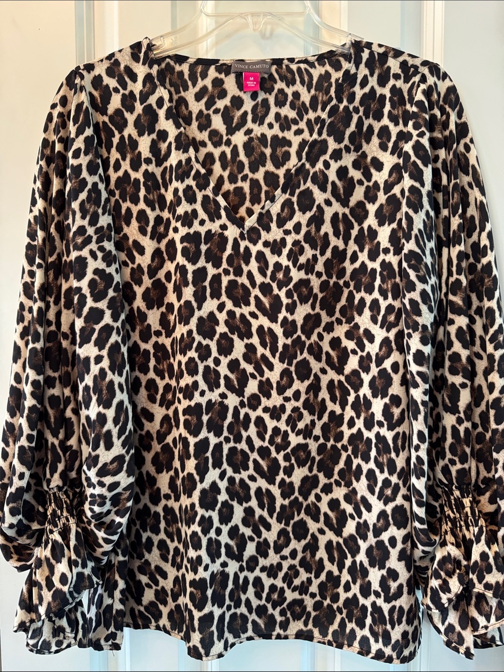 Vince Camuto Animal Print V-Neck Puff Sleeve Blouse - Brown/Black/Cream